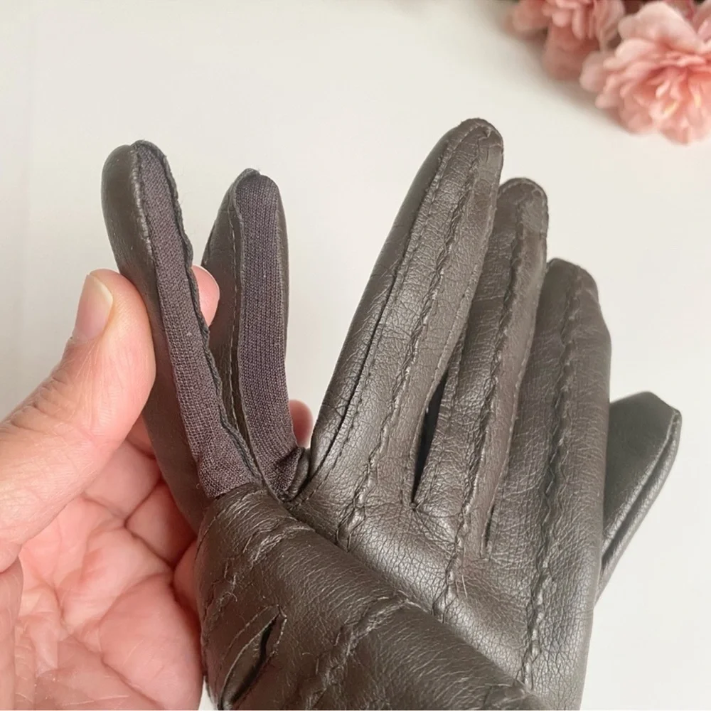 Vintage Brown Nylon Rabbit Fur Lined Gloves
